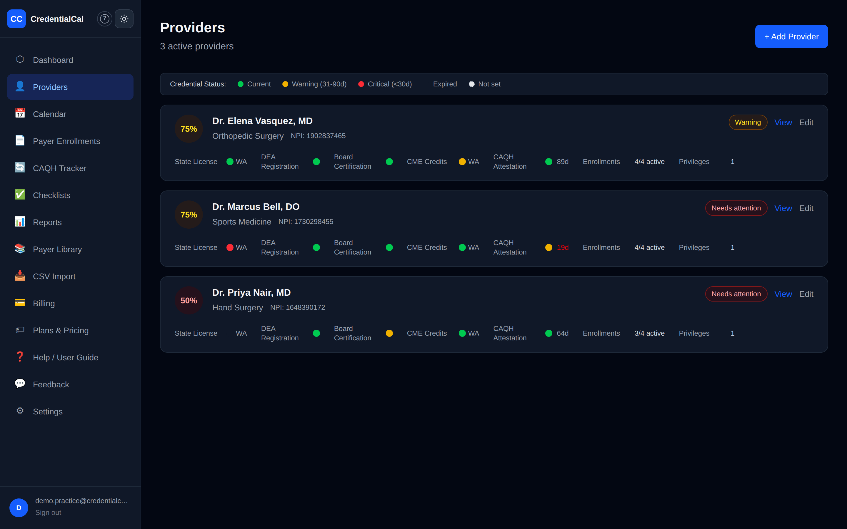 The providers list — each provider with specialty, credential status dots, and a worst-status indicator