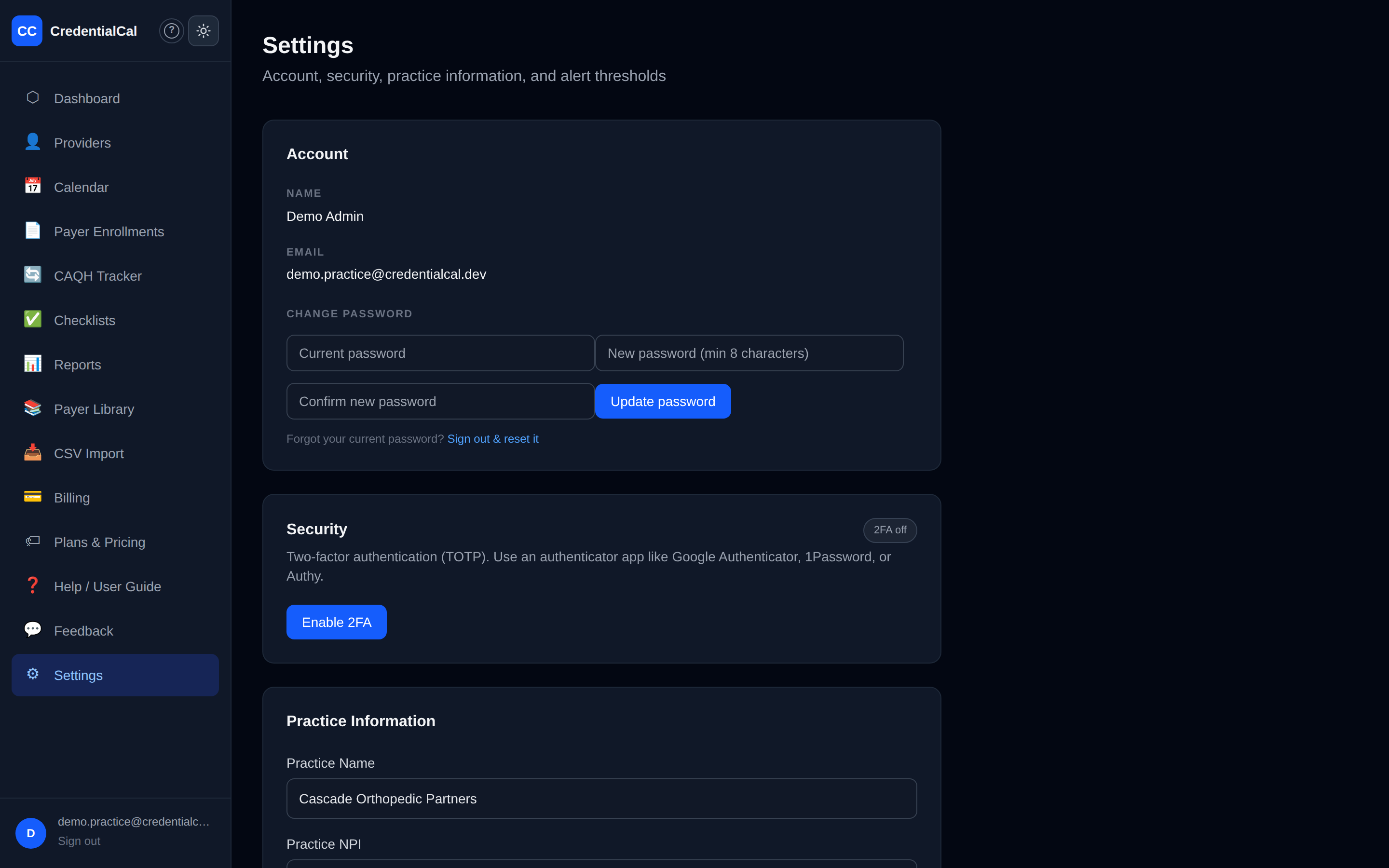 Settings — practice information, alert email, and per-credential-type alert thresholds