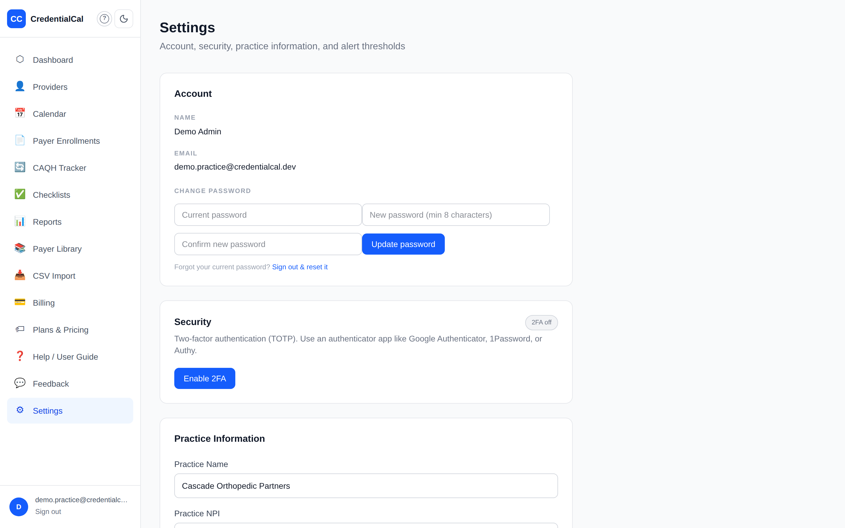 Settings — practice information, alert email, and per-credential-type alert thresholds